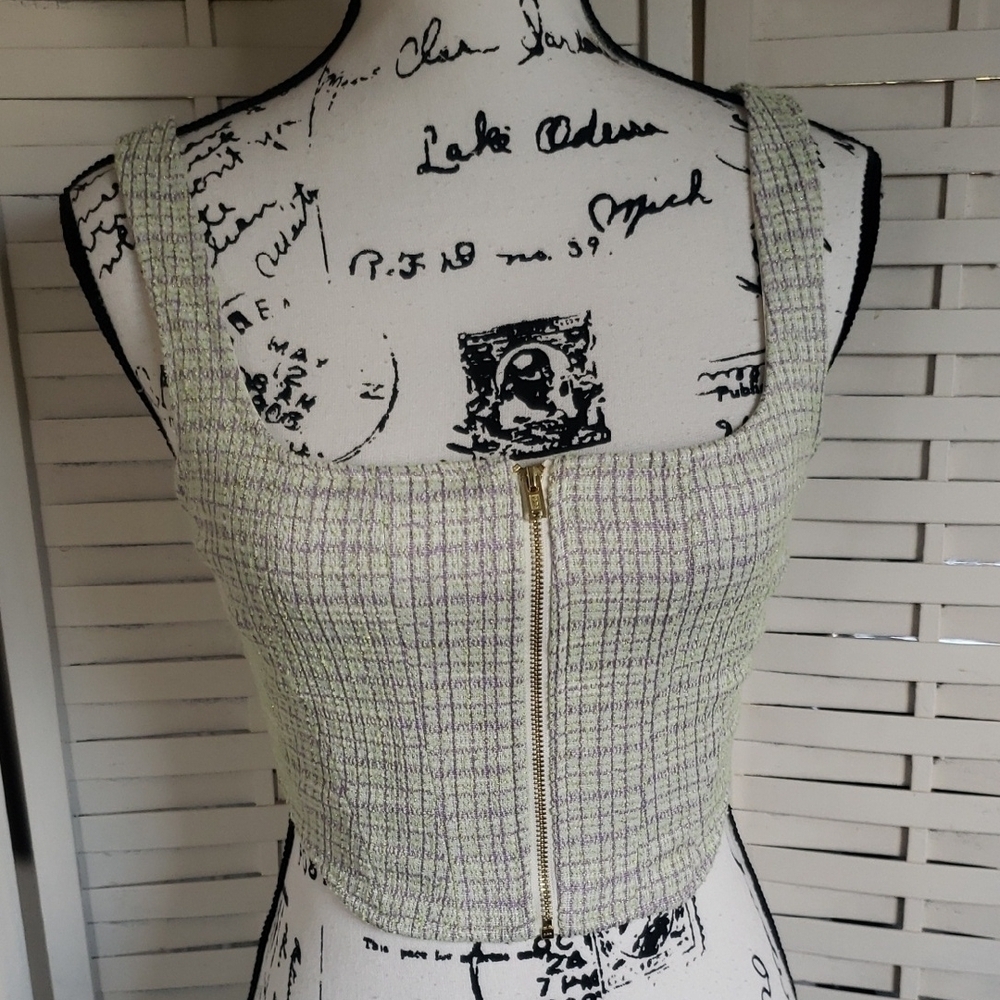 WAYF Women's Green and Purple Tweed Crop Full Zip Top Vest Size XS